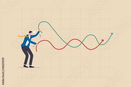 Stock market manipulation, control or influence crypto currency price or benefit or profit from investment authority concept, businessman market manipulator play battle rope to control market graph.