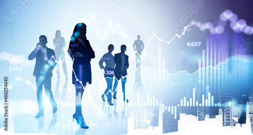 Group of business people traders working on stock market changes. Bar Forex chart. Double exposure. Teamwork, meeting and business deal. Concept of finance and trading, New York background