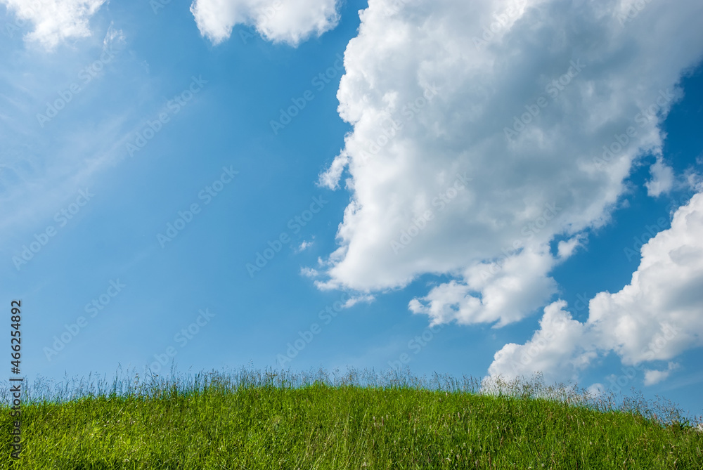 A hill with green grass and a blue sky with clouds. A hill with green grass and a blue sky with clouds.