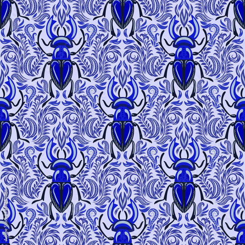 Blue horned brutal beetles on an ornamental background. Seamless vector pattern.