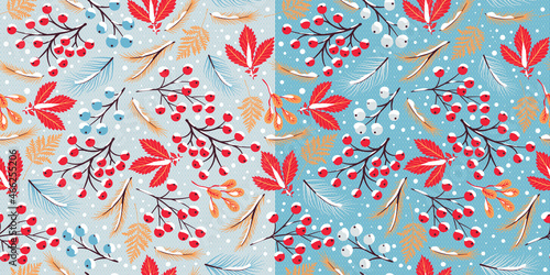 Rowan branches, coniferous branches, leaves covered with snow on a grey background. A set of 2 seamless patterns.