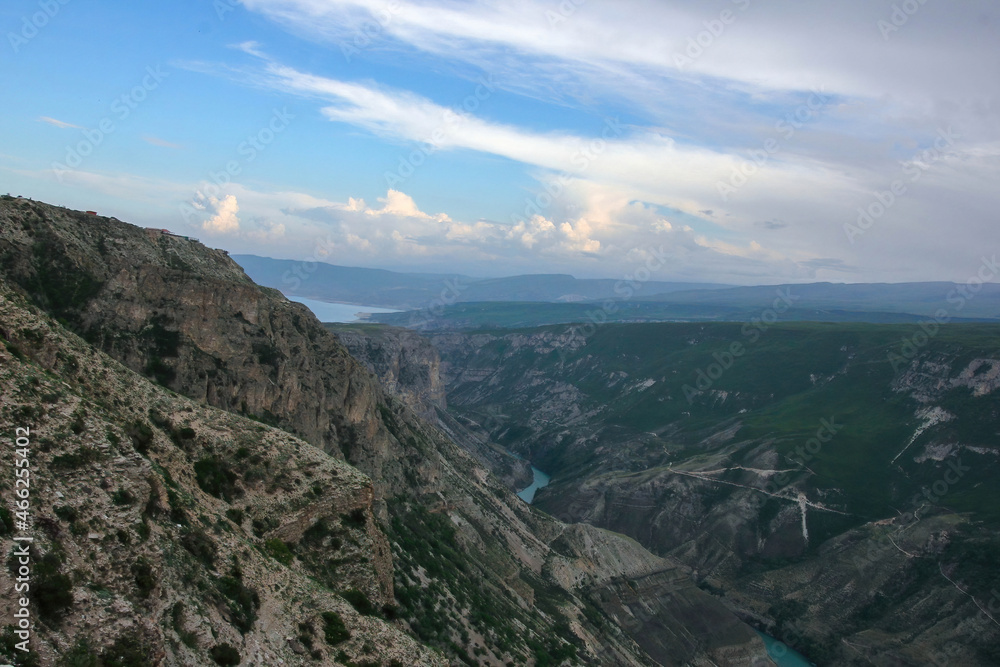 Fototapeta premium Beautiful summer landscape in the Caucasus Mountains. Near with the highest mountain settlement in the North Caucasus, in Russia and Europe Kurush. Height 2500 m above sea level. Russia, Dagestan