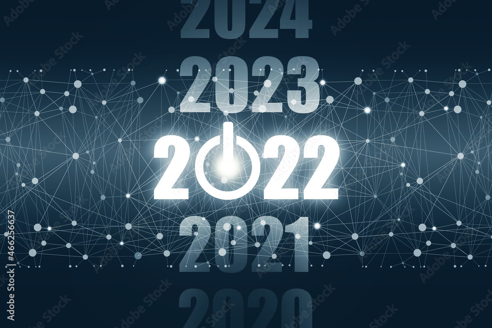 2020, 2021, 2022, 2023, 2024 neon glowing numbers on dark background. Internet grid. Power button. New Year's banner. The concept of the start of the new 2022.