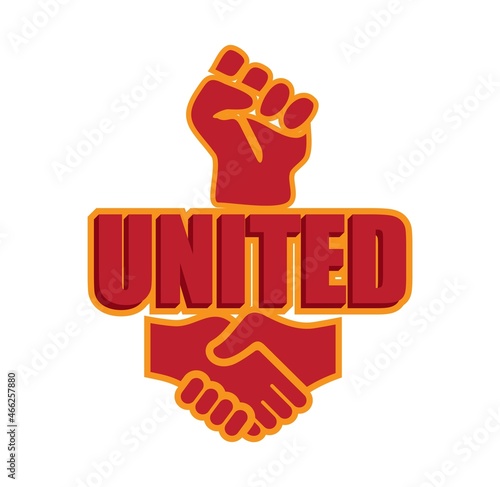 'United' written logo vector illustration with fist art on white background.