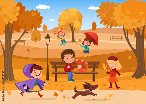 Vector cartoon happy boy girls at autumn park
