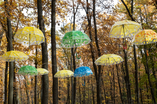 In the autumn park, colorful umbrellas are hung on the trees.