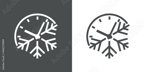 Tiempo de invierno. Logotipo con esfera de reloj simple y copo de nieve con lineas en fondo gris y fondo blanco