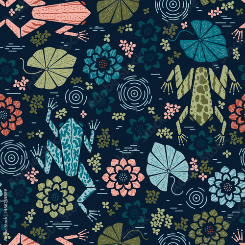Pond Colorful background. Swamp Frogs and Plants Vector Seamless Pattern. Marsh Frog with Water Lily Flowers and Leaves. Cartoon Geometric Style