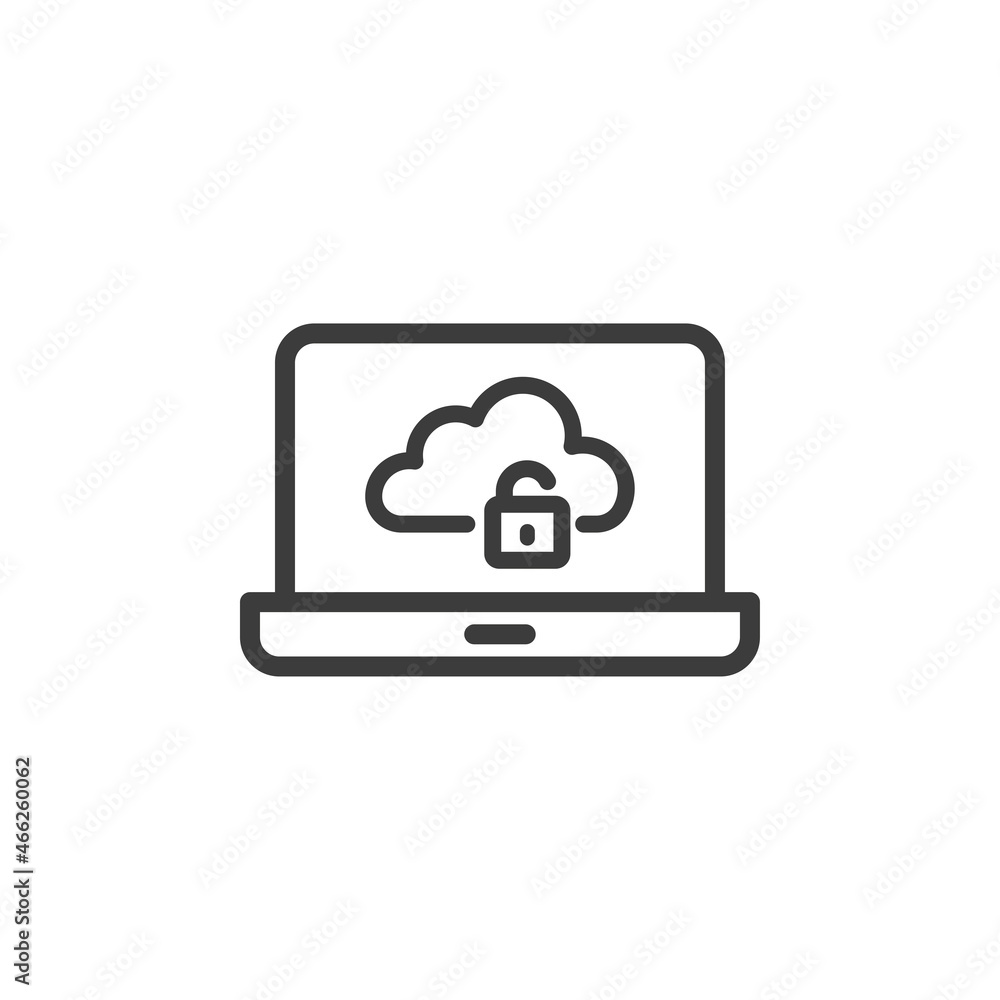 Laptop icon with unsecured cloud icon on white background Laptop icon with unsecured cloud icon on white background