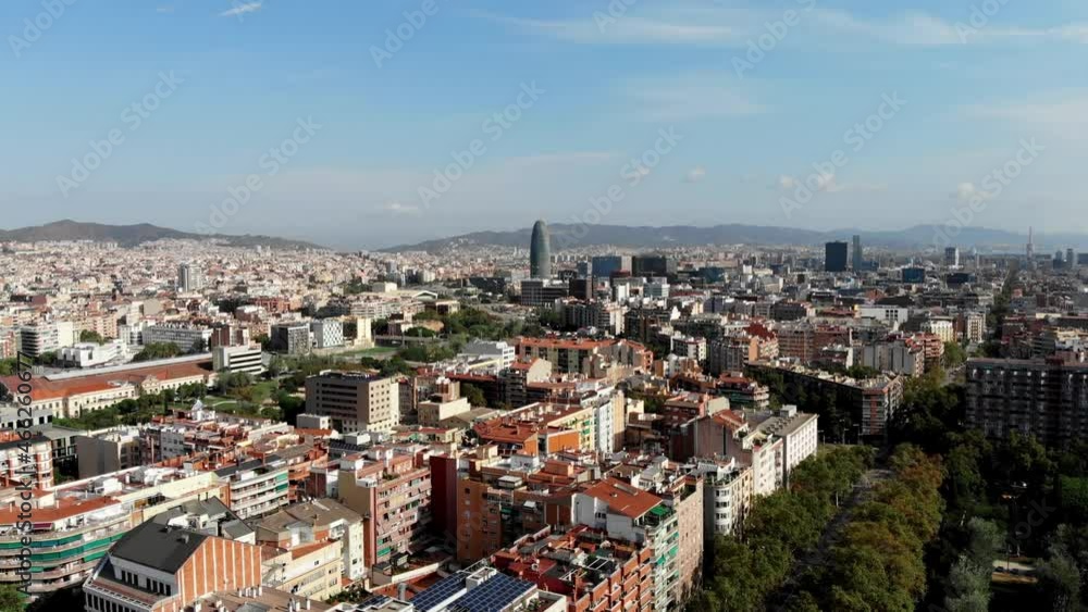 Drone shot Barcelona. Dense development in Barcelona. Aerial view of a city in Spain. Panoramic view of the city of Barcelona. Spain from drone. Drone shot Barcelona. Dense development in Barcelona. Aerial view of a city in Spain. Panoramic view of the city of Barcelona. Spain from drone.