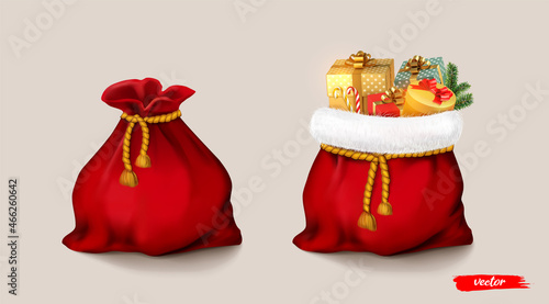 Santa Claus red bag set. Open and closed Christmas bags with gifts. Realistic vector illustration