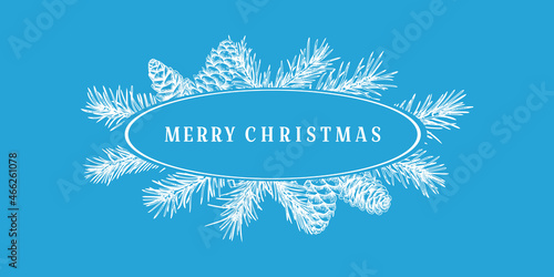 New year botanical card with oval frame with fir branches and cones. Vector illustration. Engraving style. Skyblue and White background.