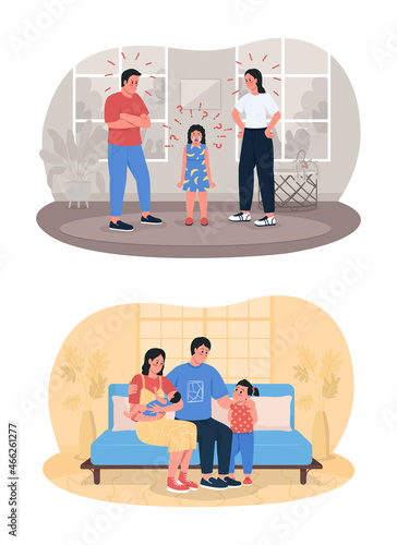 Family relationships 2D vector isolated illustration set. Father, mother and kids. Parents with children flat characters on cartoon background. Argue and resolve conflict colourful scene collection