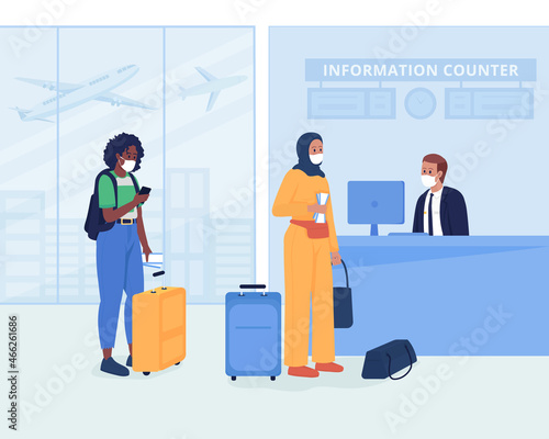 Travel safety for flight flat color vector illustration. Women with tickets waiting in line for check in. Passengers in face masks 2D cartoon characters with airport terminal interior on background