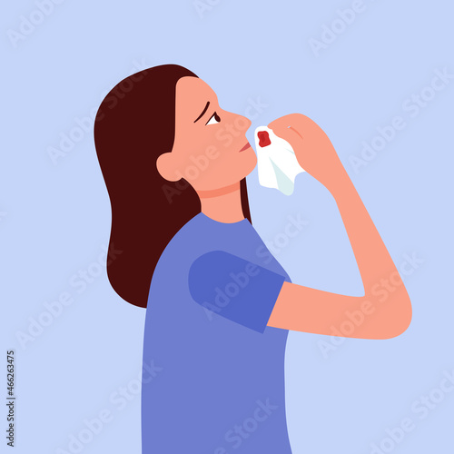 Young woman with a nosebleed in flat design on white background.