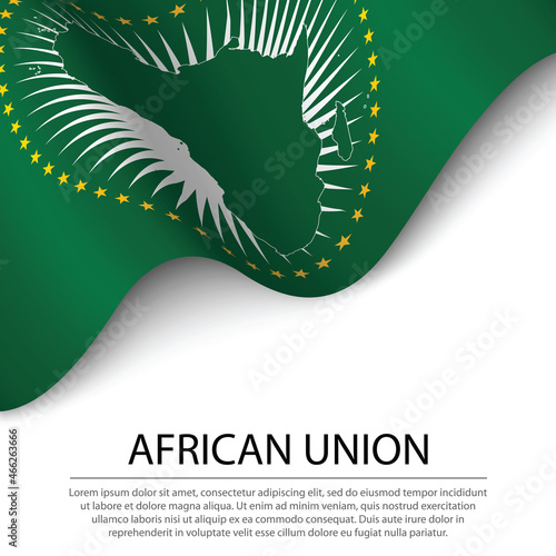 Waving flag of African Union on white background. Banner or ribb