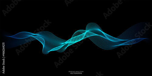 Vector abstract light lines wavy flowing dynamic in blue green colors isolated on black background for concept of AI technology, digital, communication, 5G, science, music