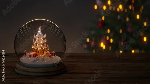 Christmas snowglobe in living room. Seamless loop 3D render animation photo