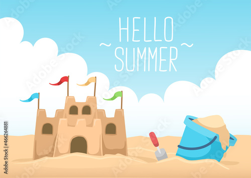 hello summer sand castle and bright sky