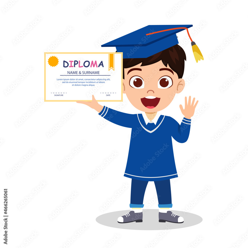 Cute beautiful kid boy character waring graduate outfit with hat and holding certificate award and standing waving Cute beautiful kid boy character waring graduate outfit with hat and holding certificate award and standing waving