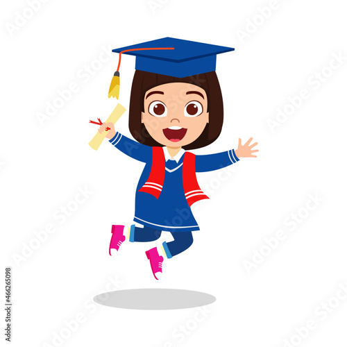 Cute beautiful kid girl character waring graduate outfit with hat and holding certificate award and jumping on air