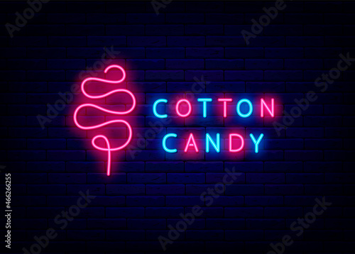 Cotton candy neon sign. Sweet bar logo. Cake store. Child dessert on festival .and party. Isolated vector illustration