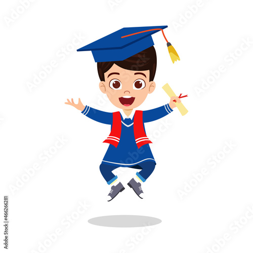 Cute beautiful kid boy character waring graduate outfit with hat and holding certificate award and jumping on air