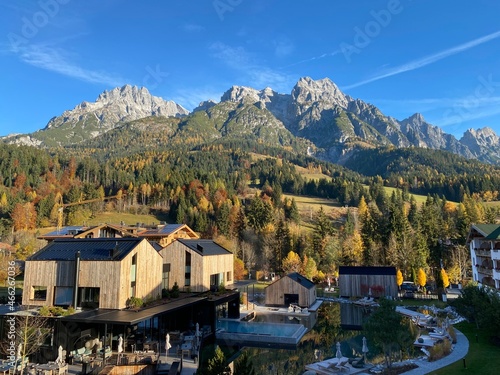 View from hotel window in Leogang village on the mountain range Leoganger Steinberge in the Alps mountains background Austria