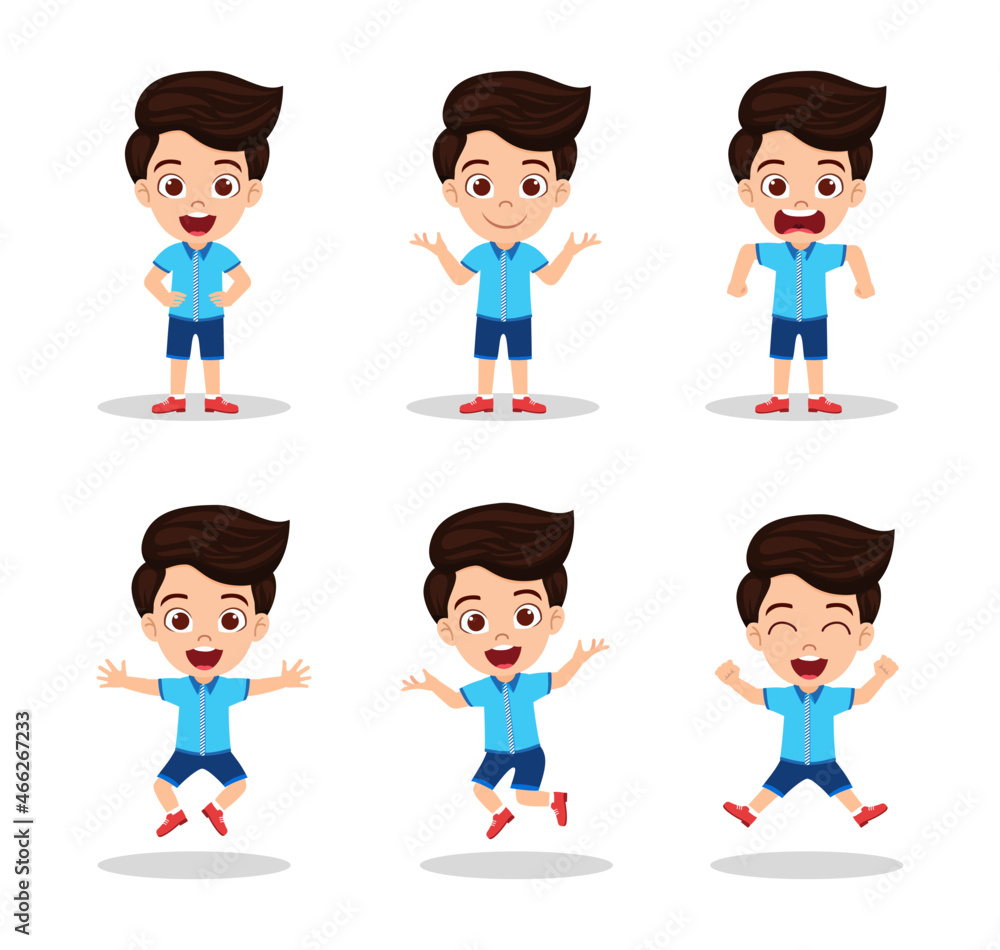 Cute beautiful kid boy character wearing beautiful outfit and doing different action activity with different facial expressions and emotions waving posing jumping angry