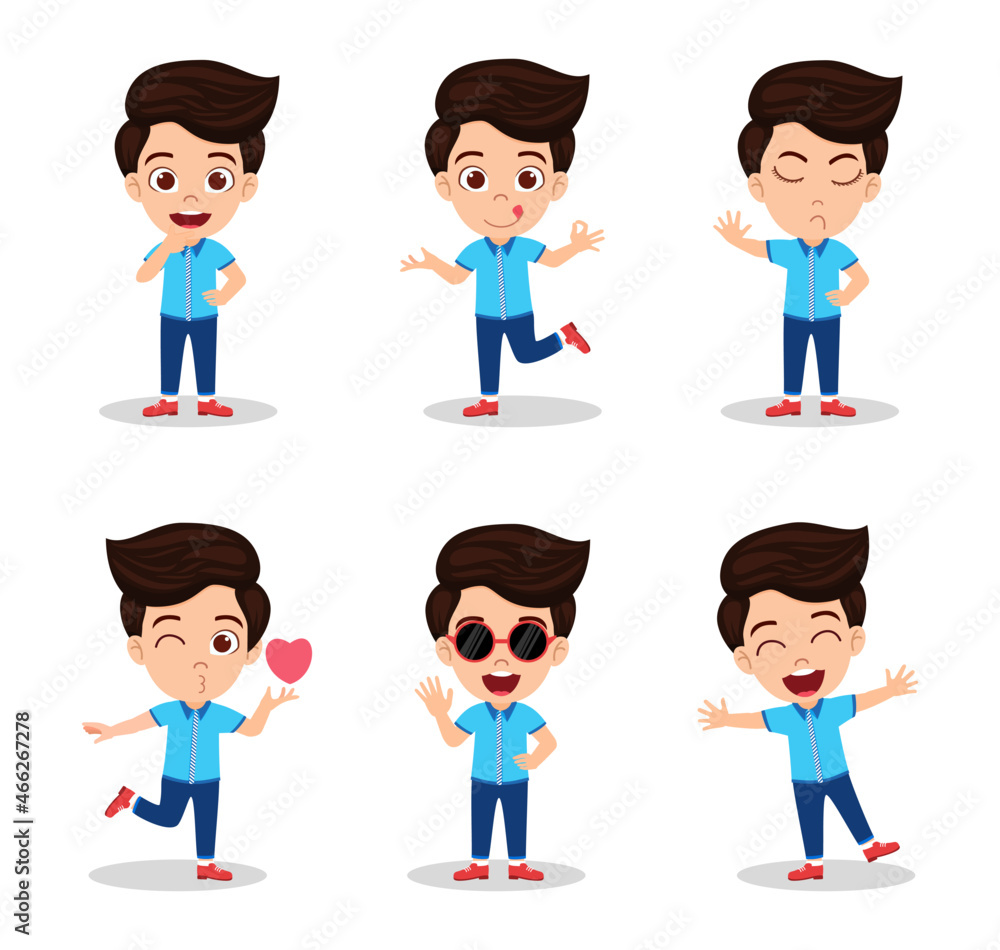 Cute beautiful kid boy character wearing beautiful outfit and doing different action activity with different facial expressions and emotions waving posing jumping