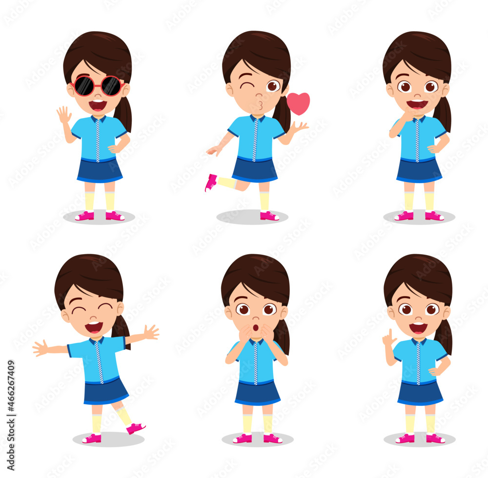 Cute beautiful kid girl character wearing beautiful outfit and doing different action activity with different facial expressions and emotions waving posing jumping Cute beautiful kid girl character wearing beautiful outfit and doing different action activity with different facial expressions and emotions waving posing jumping