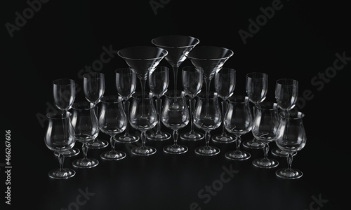 Lots of wine glasses of different shapes. Dark background. 3d rendering