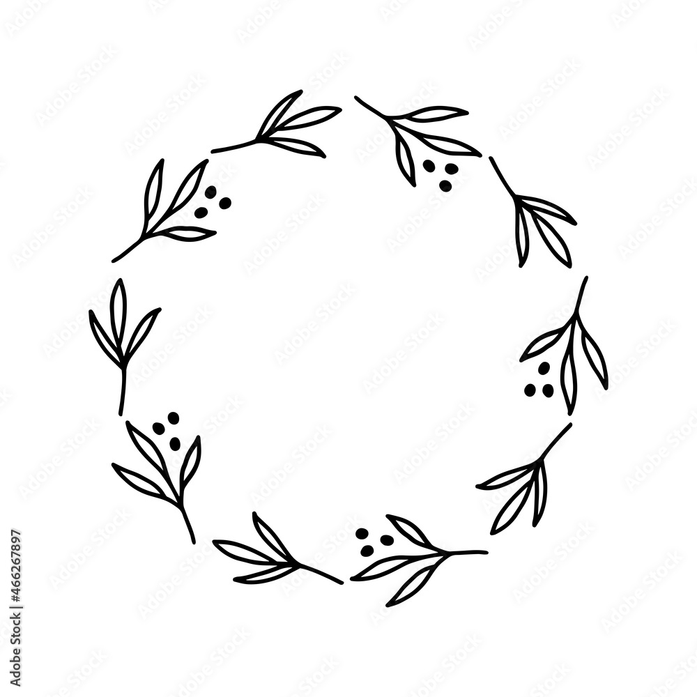 Hand-drawn wreath with dots. Black plant doodle wreath for Christmas decoration.