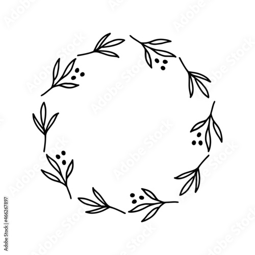 Hand-drawn wreath with dots. Black plant doodle wreath for Christmas decoration.