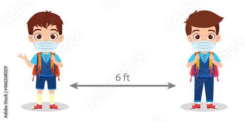 Cute beautiful kid school boys character wearing school uniform and facial mask standing with social 6ft distance