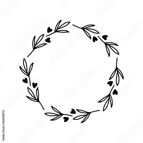 Hand-drawn wreath with hearts. Black plant doodle wreath.