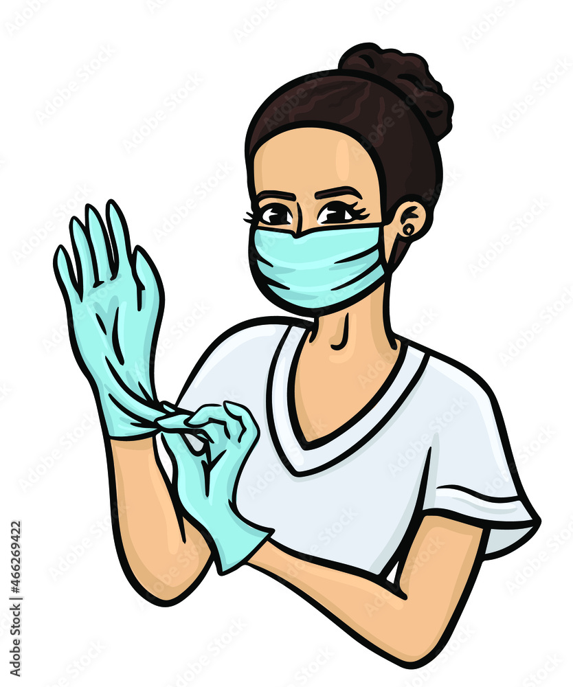 Vector isolated cute drawn girl in mask nurse or doctor pulls on gloves