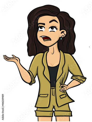 Vector cute girl with a pretense rolled her eyes up. A woman in a suit put her hand aside