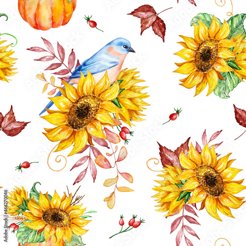Festive autumn watercolor seamless pattern with orange  pumpkins  sunflowers