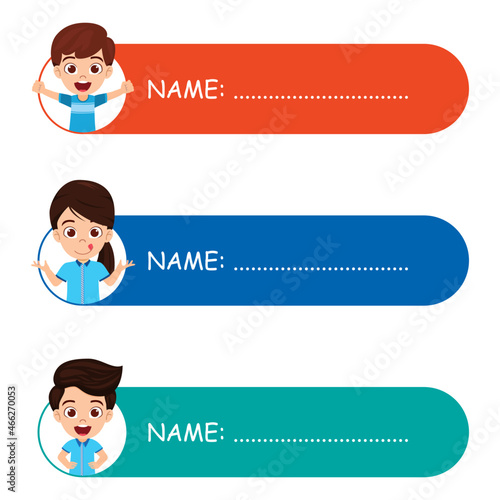 Cute kid boy and girl name colorful tags for school children with different character isolated