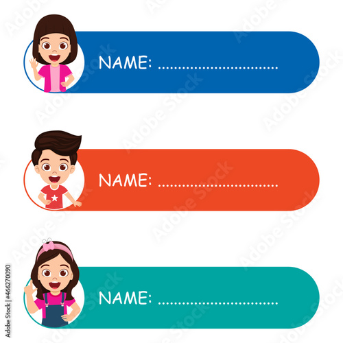 Cute kid boy and girl name colorful tags for school children with different character