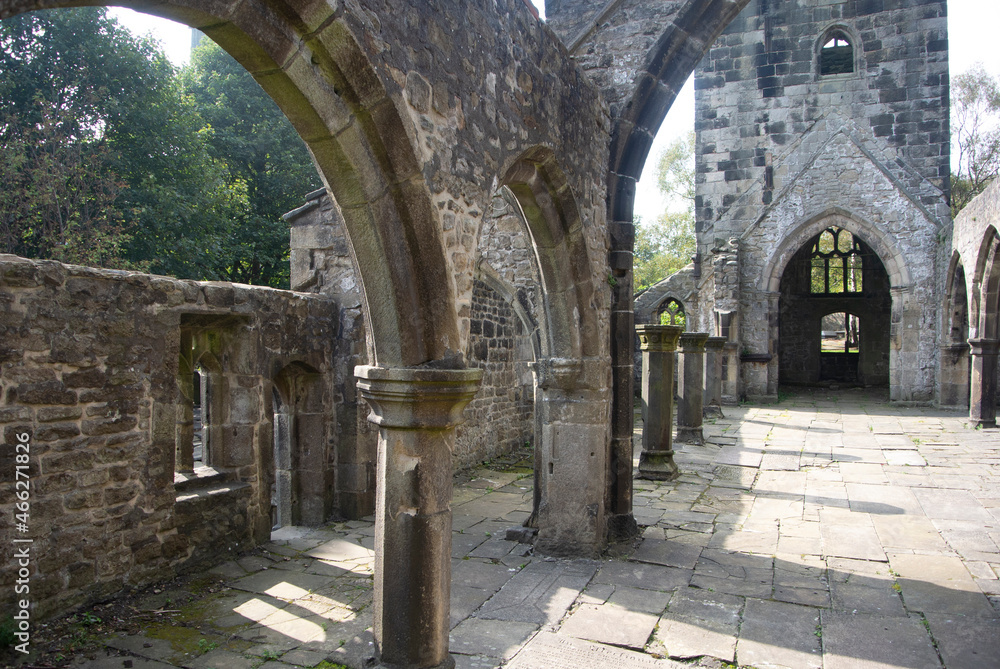 Ruined old church at the historic small village of Heptonstall, Yorkshire. View of the interior of the historic old building.  Landscape aspect view.