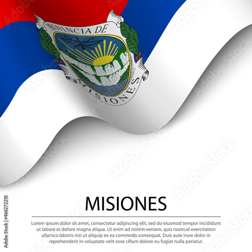 Waving flag of Misiones is a region of Argentina on white backgr