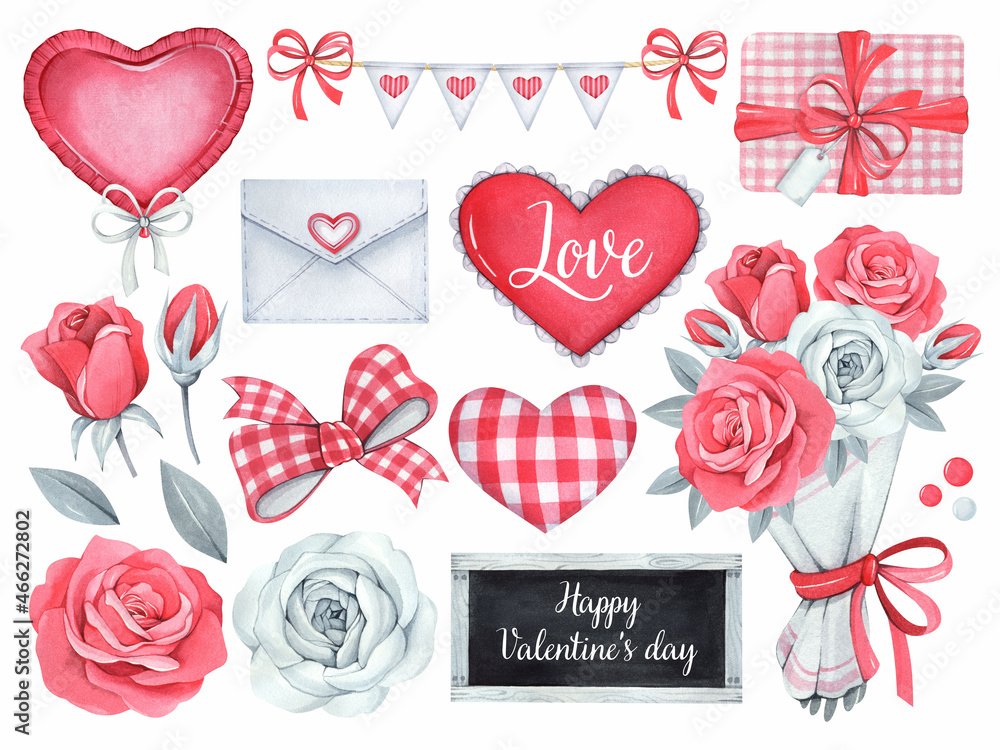 Set of watercolor elements for Valentine's Day on a white background. Heart, sweets, balls, flowers, garland.