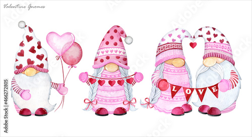 Watercolor illustration. Valentines gnomes with pink balloons on white background. Gnomes love. photo