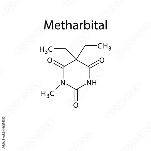 Metharbital molecular structure, flat skeletal chemical formula. Anti convulsant drug used to treat Epilepsy, seizure. 