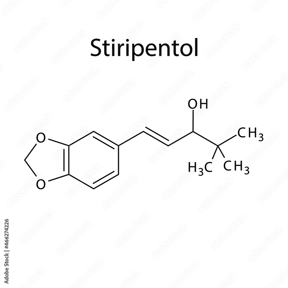 Stiripentol molecular structure, flat skeletal chemical formula. Anti convulsant drug used to treat Epilepsy, seizure. Stiripentol molecular structure, flat skeletal chemical formula. Anti convulsant drug used to treat Epilepsy, seizure.