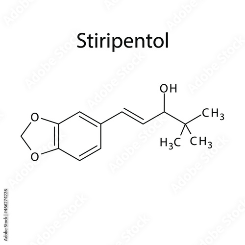 Stiripentol molecular structure, flat skeletal chemical formula. Anti convulsant drug used to treat Epilepsy, seizure. 