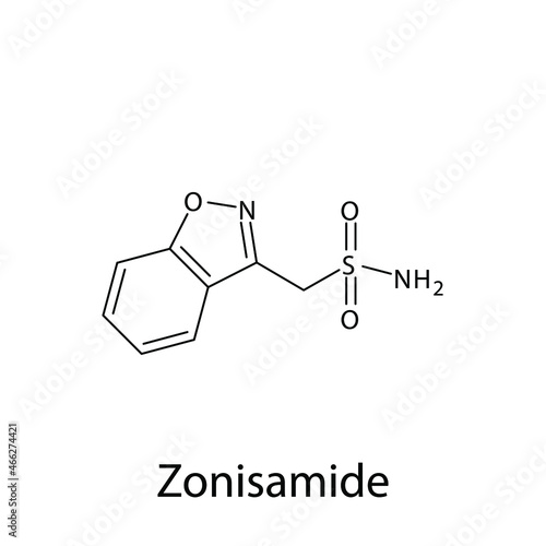 Zonisamide molecular structure, flat skeletal chemical formula. Anti convulsant drug used to treat Epilepsy, seizure. 