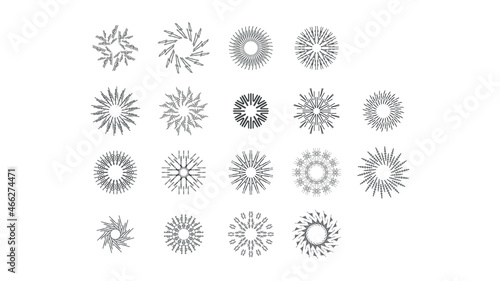 Set Abstract Collection Round Circles Starburst Sunburst Sunset Black Line Doodle Design Elements Bursting Rays Sunrise Shine Light Radiant Sparkles Vector Design Style